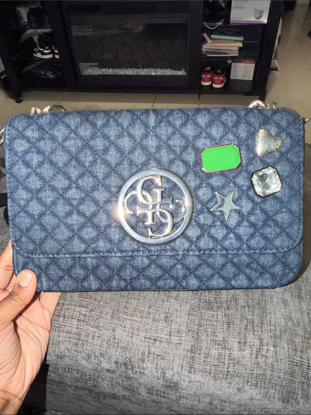 Guess Blue Quilted Denim Crossbody with Silver Hardware and Gem Accent